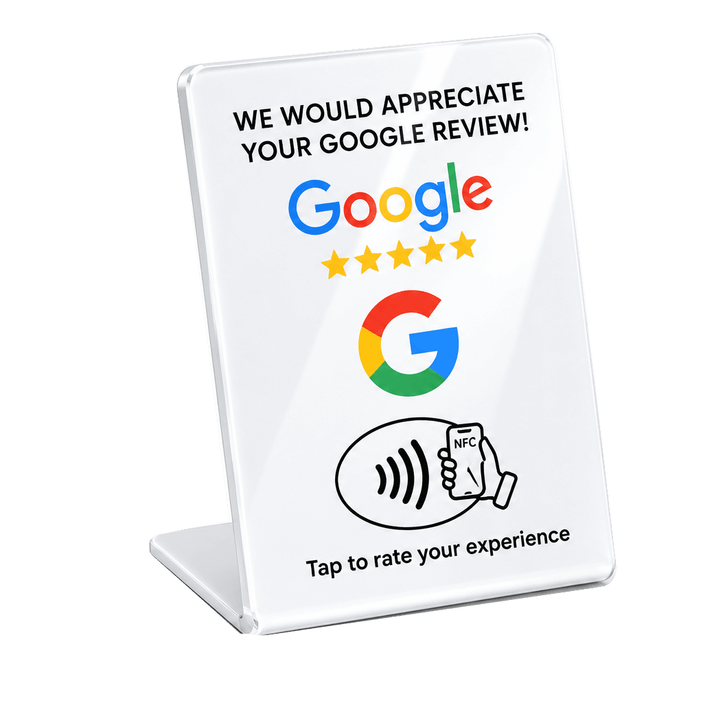 Bílý NFC Google stojánek bez QR kódu